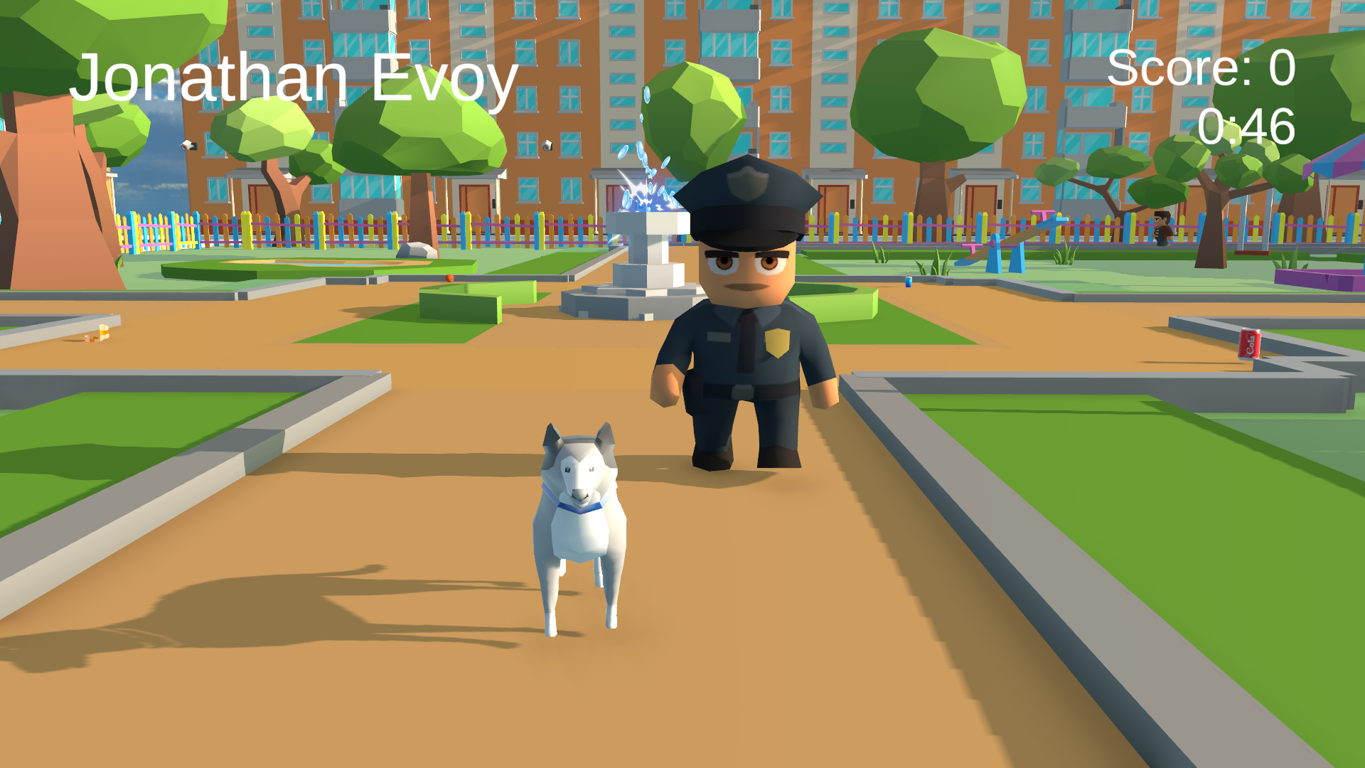Un policier et un chien low-poly qui se promènent sur un chemin.