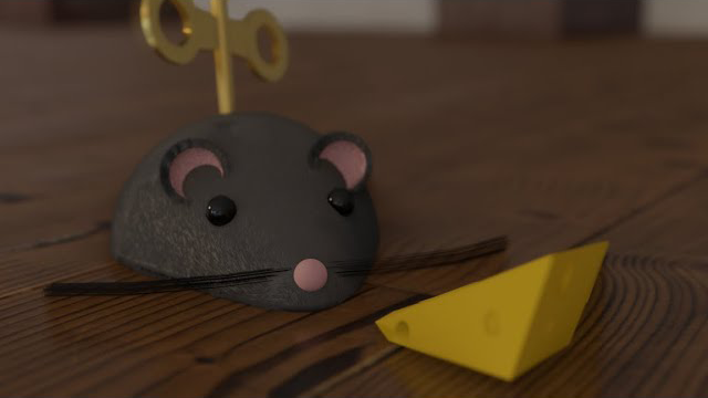 Une souris mécanique qui regarde un morceau de fromage